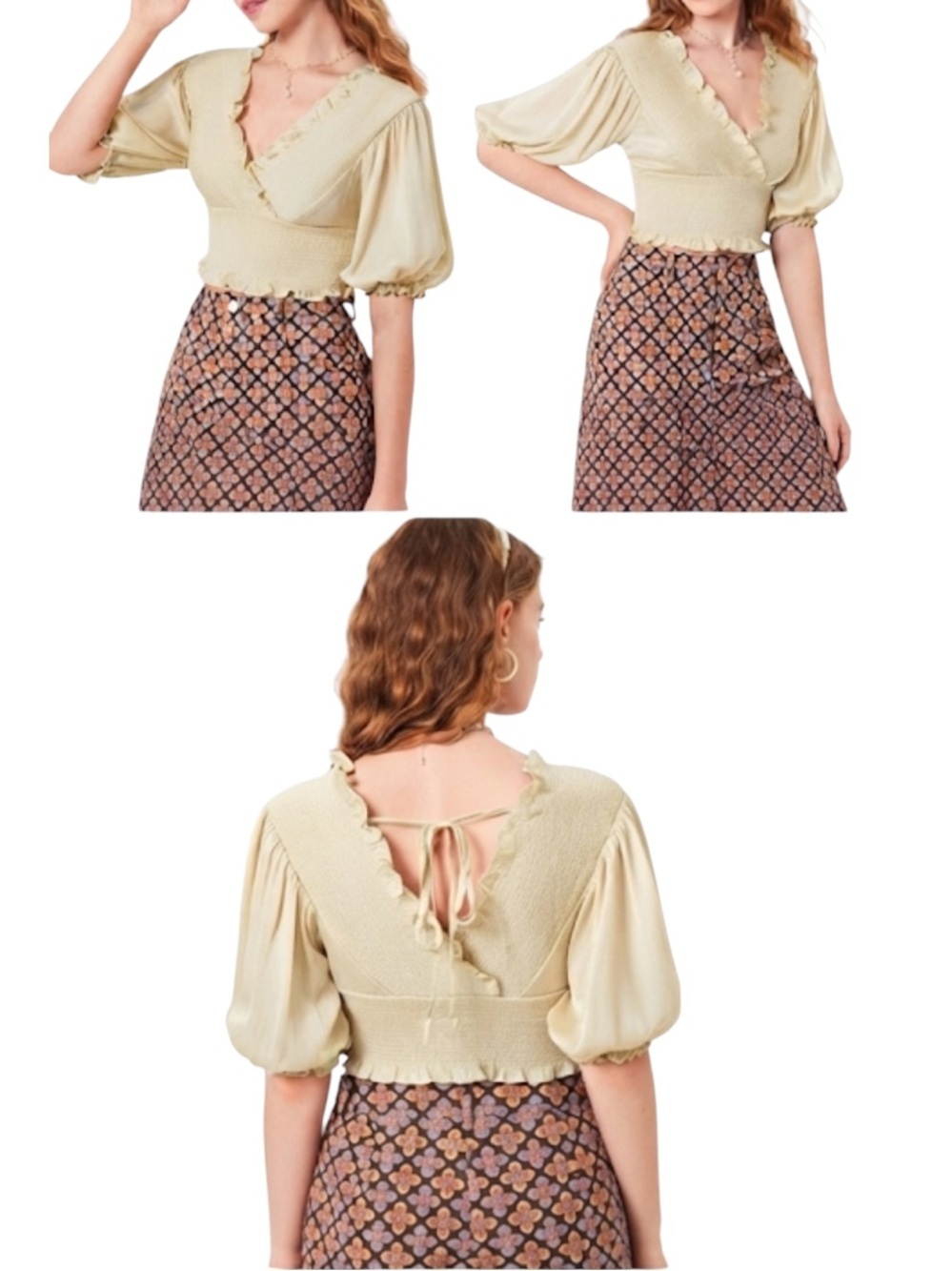 SHEIN MOD Puff Sleeve Jacquard Gathered Crop Top size XS new